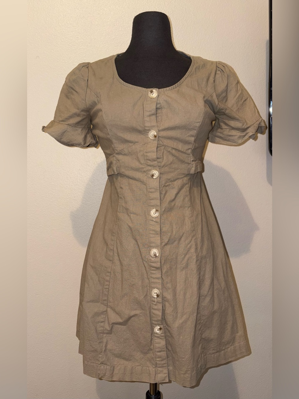 Altar'd State Olive Brown-Tone Button Front Puff Sleeve Dress